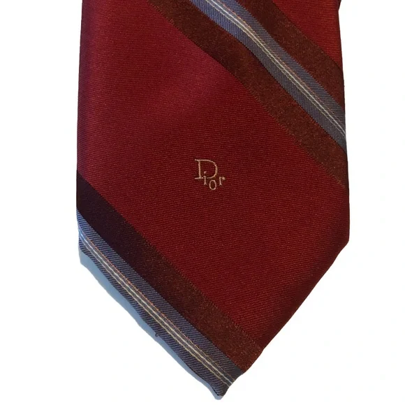 Dior Men's Burgundy and Blue Striped Tie - Picture 2 of 5